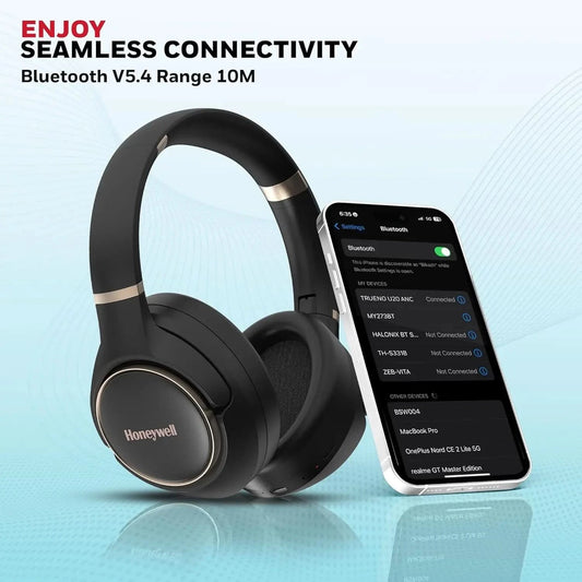 Honeywell Trueno U20 Bluetooth v5.4 Over-Ear Headphones with Mic, Hybrid ANC (Upto 30db), Spatial Audio &Head Tracking, 70H Playback, High-Res Sound, Dual Pairing, 40ms Low Latency, Quad Cable-Black