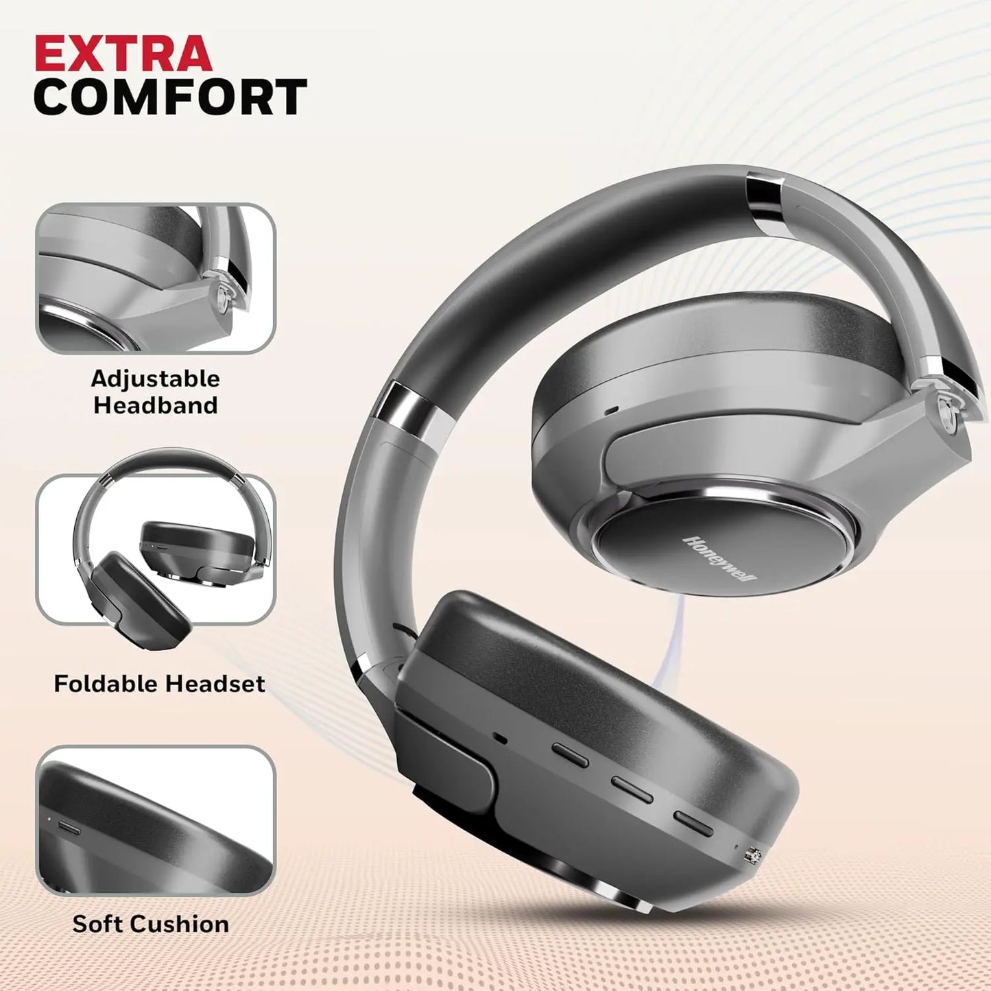 Honeywell Trueno U20 Bluetooth v5.4 Over-Ear Headphones with Mic, Hybrid ANC (Upto 30db), Spatial Audio &Head Tracking, 70H Playback, High-Res Sound, Dual Pairing, 40ms Low Latency, Quad Cable-Silver