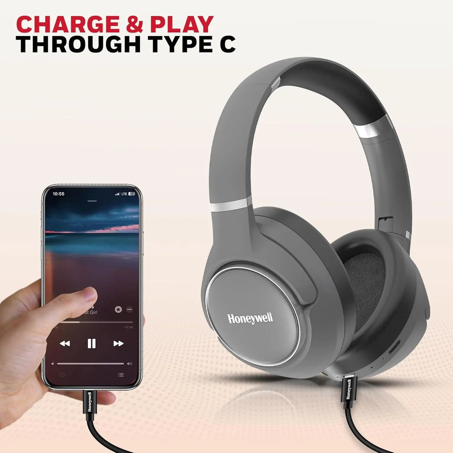 Honeywell Trueno U20 Bluetooth v5.4 Over-Ear Headphones with Mic, Hybrid ANC (Upto 30db), Spatial Audio &Head Tracking, 70H Playback, High-Res Sound, Dual Pairing, 40ms Low Latency, Quad Cable-Silver