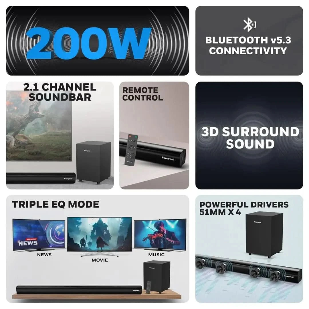 Honeywell Trueno U3000 Soundbar 200W, 2.1Ch Surround Sound Home Theatre, Deep Bass Down Firing Subwoofer, 3 EQ Modes, BT v5.3, AUX, USB, Optical Input, HDMI/ARC, Sleek Remote