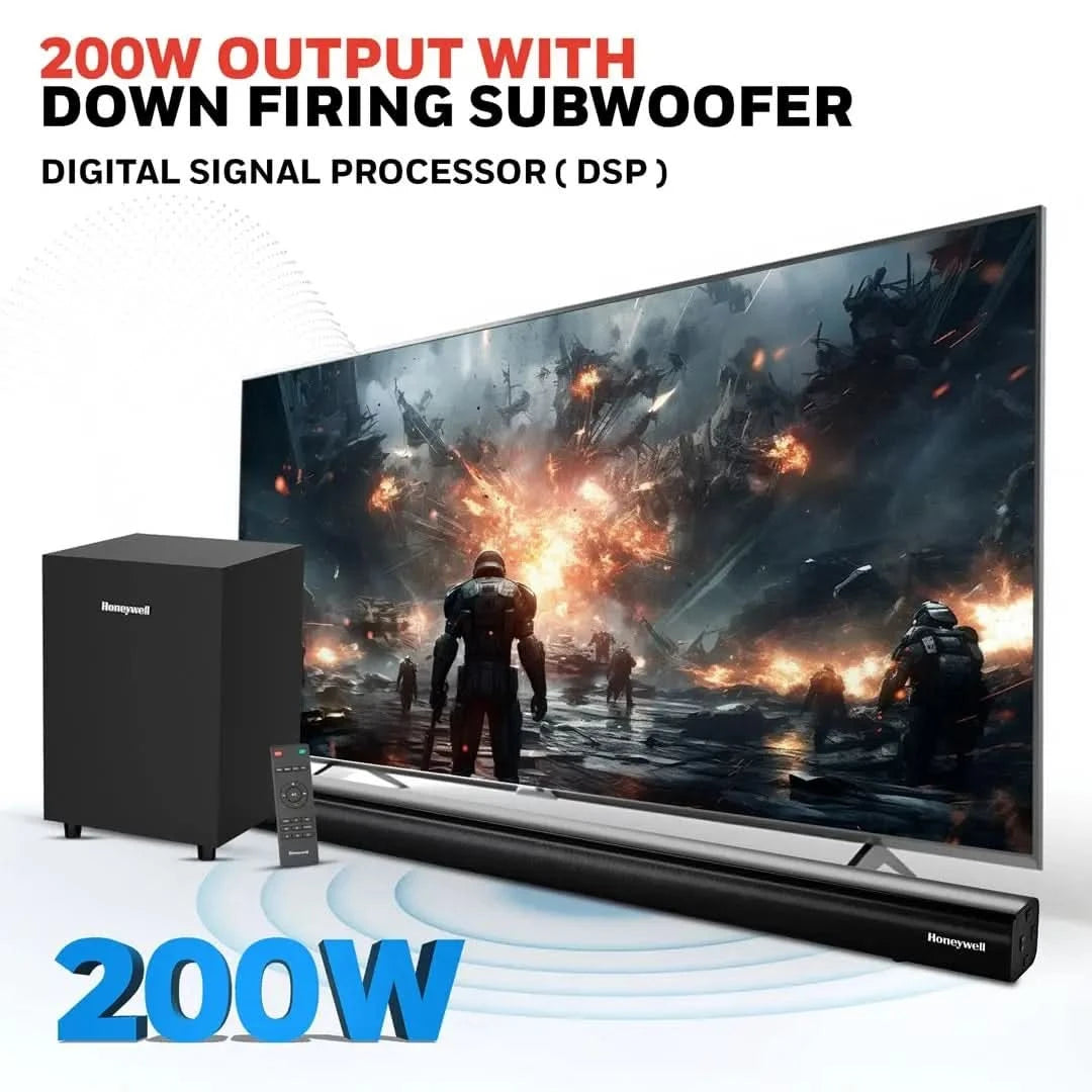 Honeywell Trueno U3000 Soundbar 200W, 2.1Ch Surround Sound Home Theatre, Deep Bass Down Firing Subwoofer, 3 EQ Modes, BT v5.3, AUX, USB, Optical Input, HDMI/ARC, Sleek Remote
