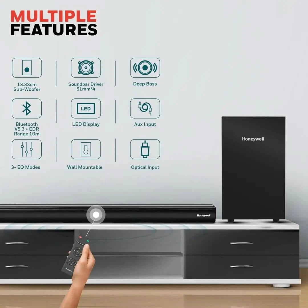 Honeywell Trueno U3000 Soundbar 200W, 2.1Ch Surround Sound Home Theatre, Deep Bass Down Firing Subwoofer, 3 EQ Modes, BT v5.3, AUX, USB, Optical Input, HDMI/ARC, Sleek Remote