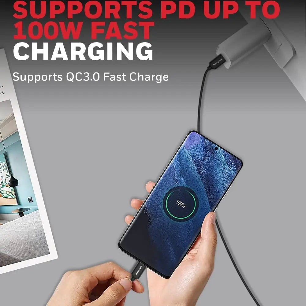Honeywell Type C To Type C USB 3.1 Cable, PD 100W with Max Output 5A, QC 3.0, Ultra-Fast Charge & Sync Cable, 10 Gbps transfer speed,Compatible with Smartphones,Laptop,Power Bank, Tablet- 6 Feet(1.8M)