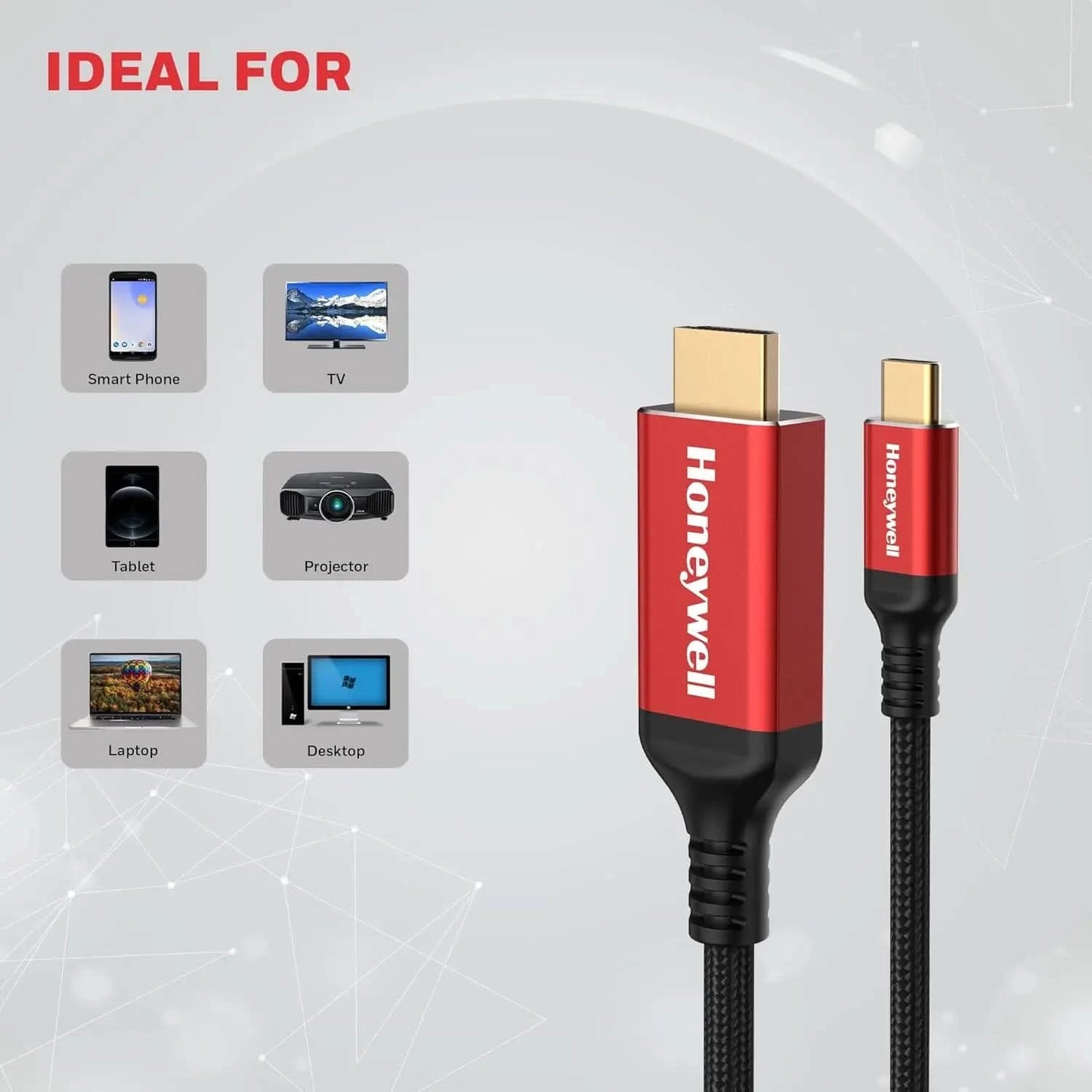 Honeywell Type C to 2.0 HDMI Cable, 4Kx2K@60Hz UHD Resolution, 2 Mtr, 18GBPS Transmission Speed, High-Speed, Male to Male, Compatible with TV, Laptop, Type-C Smartphone, Projector, etc
