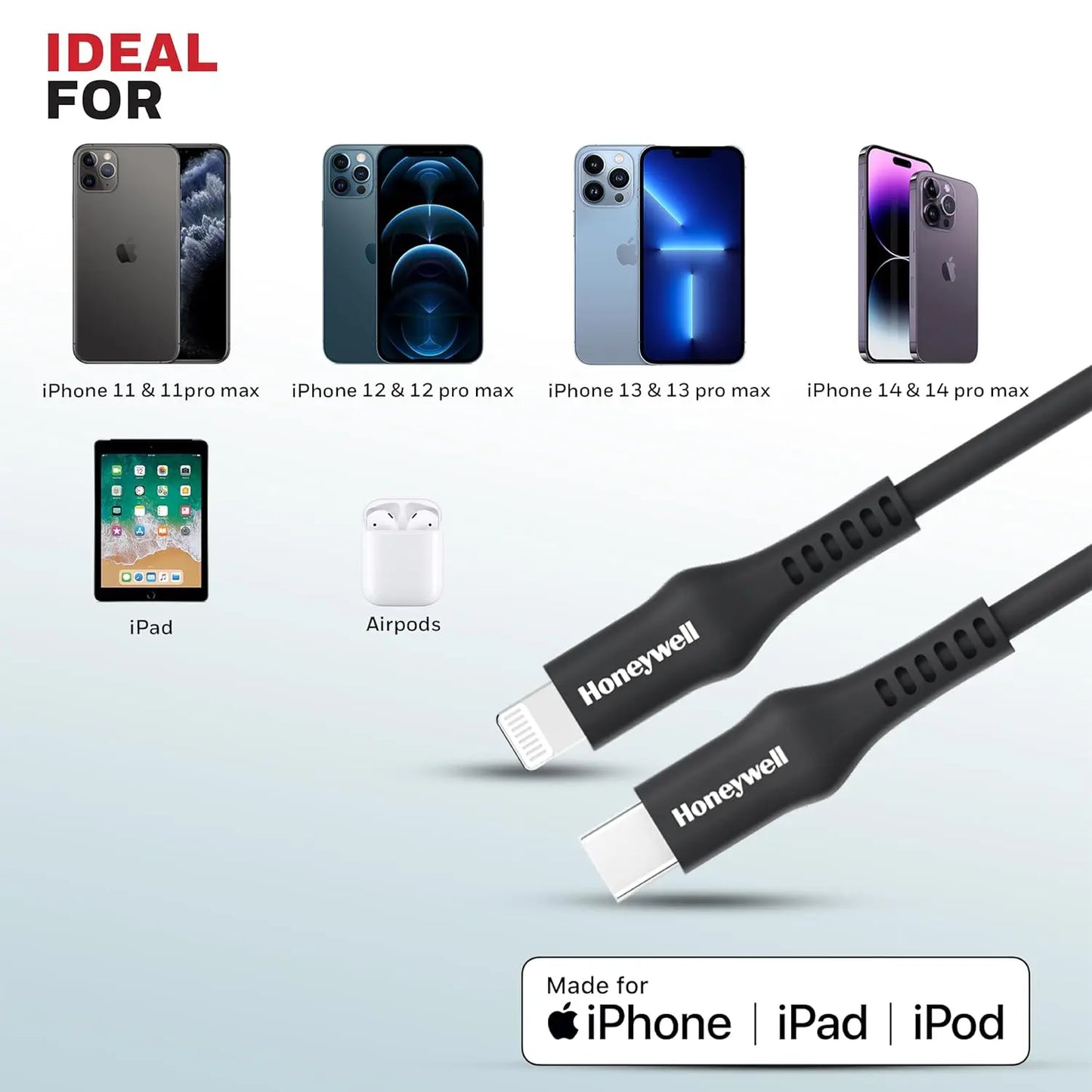 Honeywell Type C to Lightning Silicone cable (Black), MFI-certified, QC 3.0, PD 87W with Max Output 3A,Fast Charge & Sync Cable for iPhone, iPad, iMac, MacBook, AirPods- 6 Feet (1.8M)