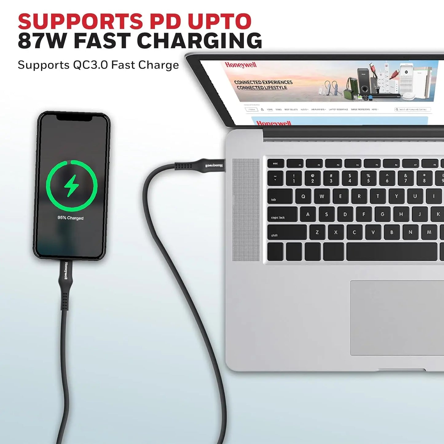 Honeywell Type C to Lightning Silicone cable (Black), MFI-certified, QC 3.0, PD 87W with Max Output 3A,Fast Charge & Sync Cable for iPhone, iPad, iMac, MacBook, AirPods- 6 Feet (1.8M)