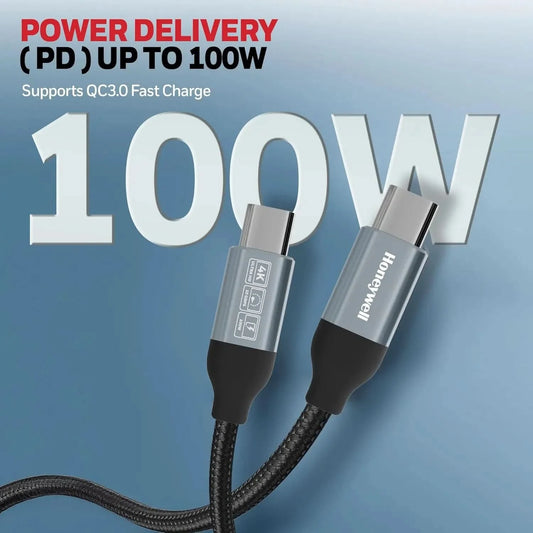 Honeywell Type C to Type C USB 3.1 Cable, 4 Feet (1.2M), Max Output 5A 100W, QC 3.0, Fast Charge, Compatible with Apple Devices, Smartphones, Laptops, Power Banks, Tablets, Headphones, Speakers Black