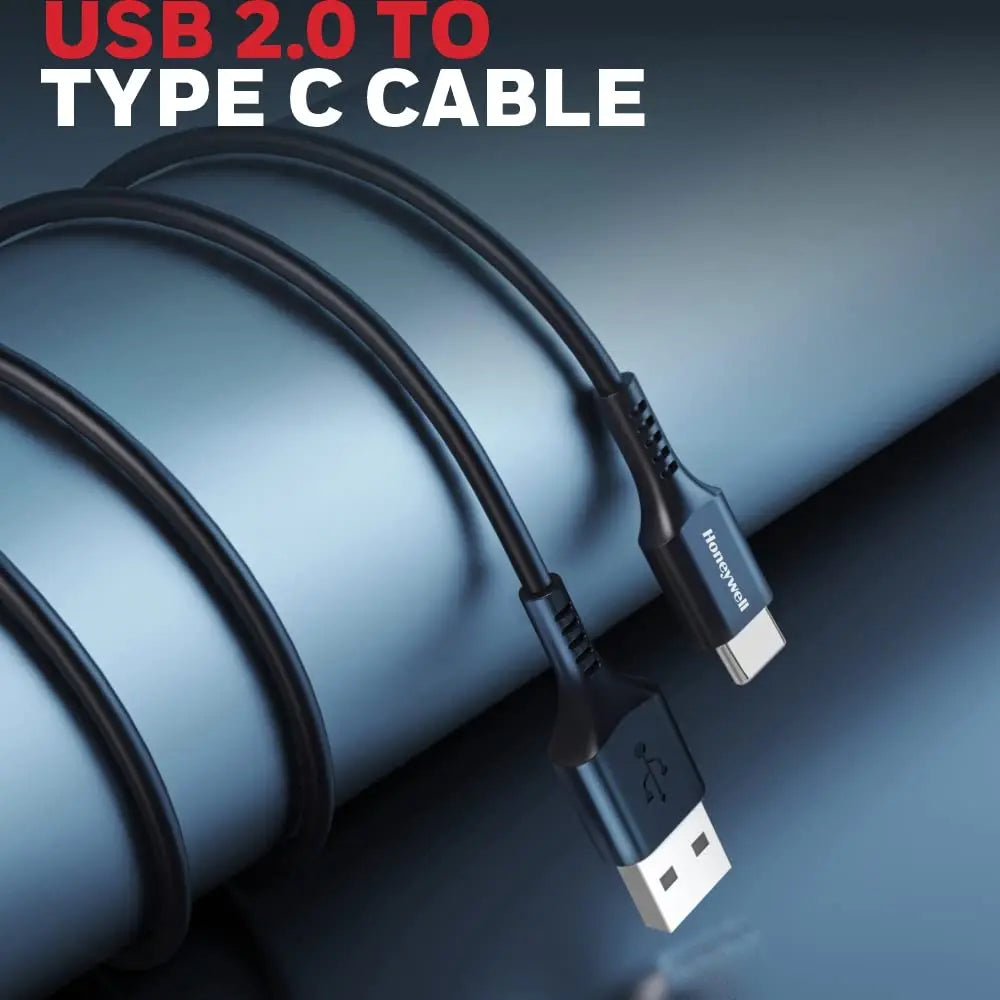 Honeywell USB 2.0 To Type C Cable 1.8Mtr(6 Feet), PD 60W, QC 3.0, Fast Charge & Sync Cable, Ultra Soft Silicone cable for Smartphone, Laptop,Power Bank, Tablet-(Black)