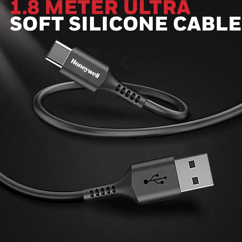 Honeywell USB 2.0 To Type C Cable 1.8Mtr(6 Feet), PD 60W, QC 3.0, Fast Charge & Sync Cable, Ultra Soft Silicone cable for Smartphone, Laptop,Power Bank, Tablet-(Black)