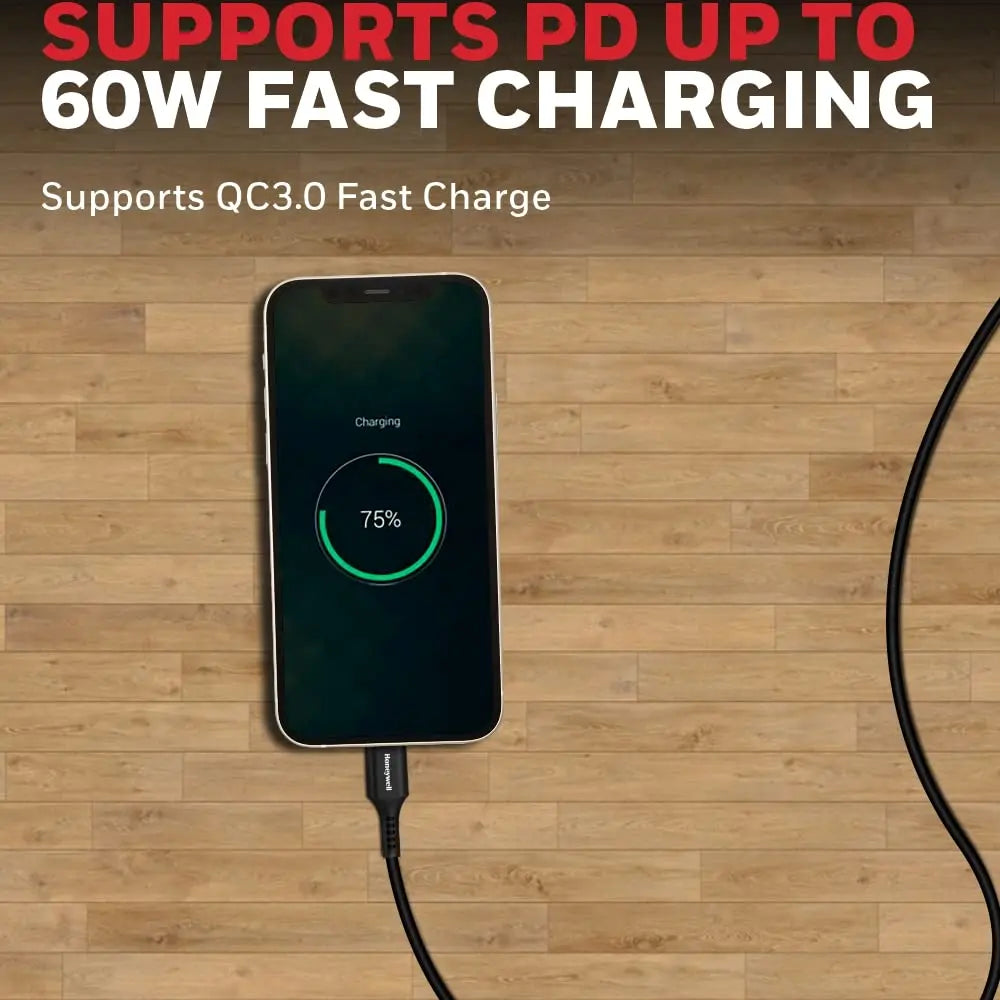 Honeywell USB 2.0 To Type C Cable 1.8Mtr(6 Feet), PD 60W, QC 3.0, Fast Charge & Sync Cable, Ultra Soft Silicone cable for Smartphone, Laptop,Power Bank, Tablet-(Black)