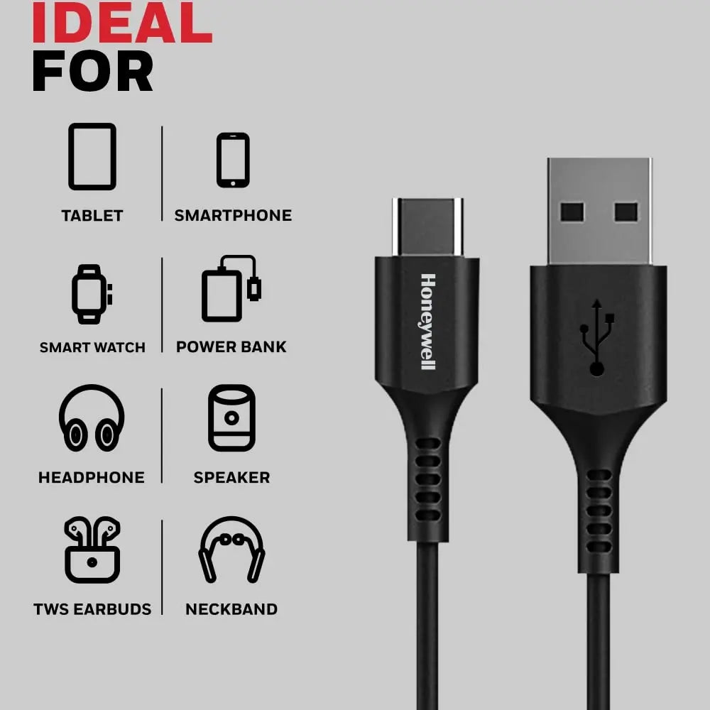 Honeywell USB 2.0 To Type C Cable 1.8Mtr(6 Feet), PD 60W, QC 3.0, Fast Charge & Sync Cable, Ultra Soft Silicone cable for Smartphone, Laptop,Power Bank, Tablet-(Black)