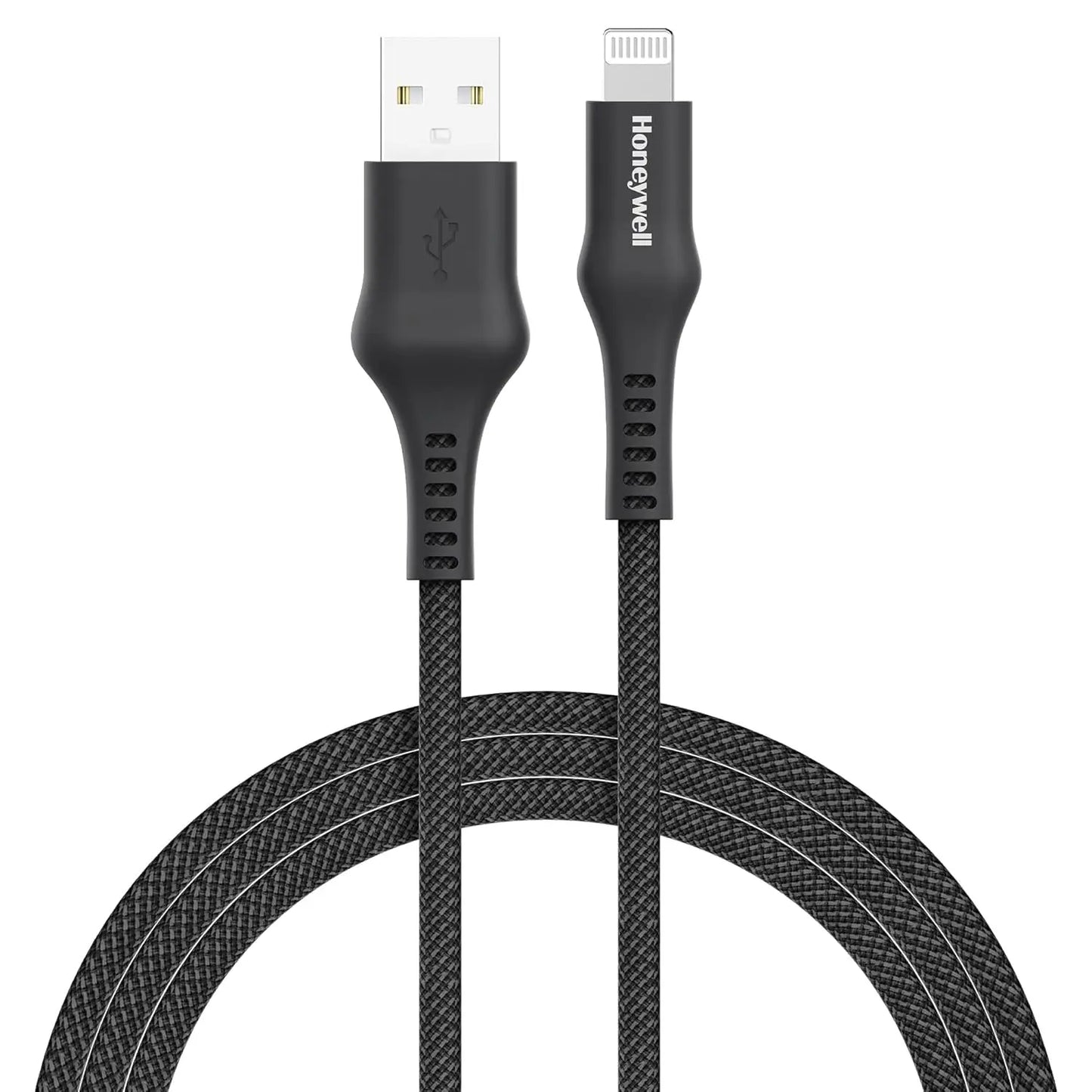 Honeywell USB A to Lightning, 4 Feet (1.2M), Nylon Braided Cable, MFI-certified, QC3.0, 2.4 A Max Output, Fast Charge & Sync Cable for iPhone, iPad, AirPods – Black