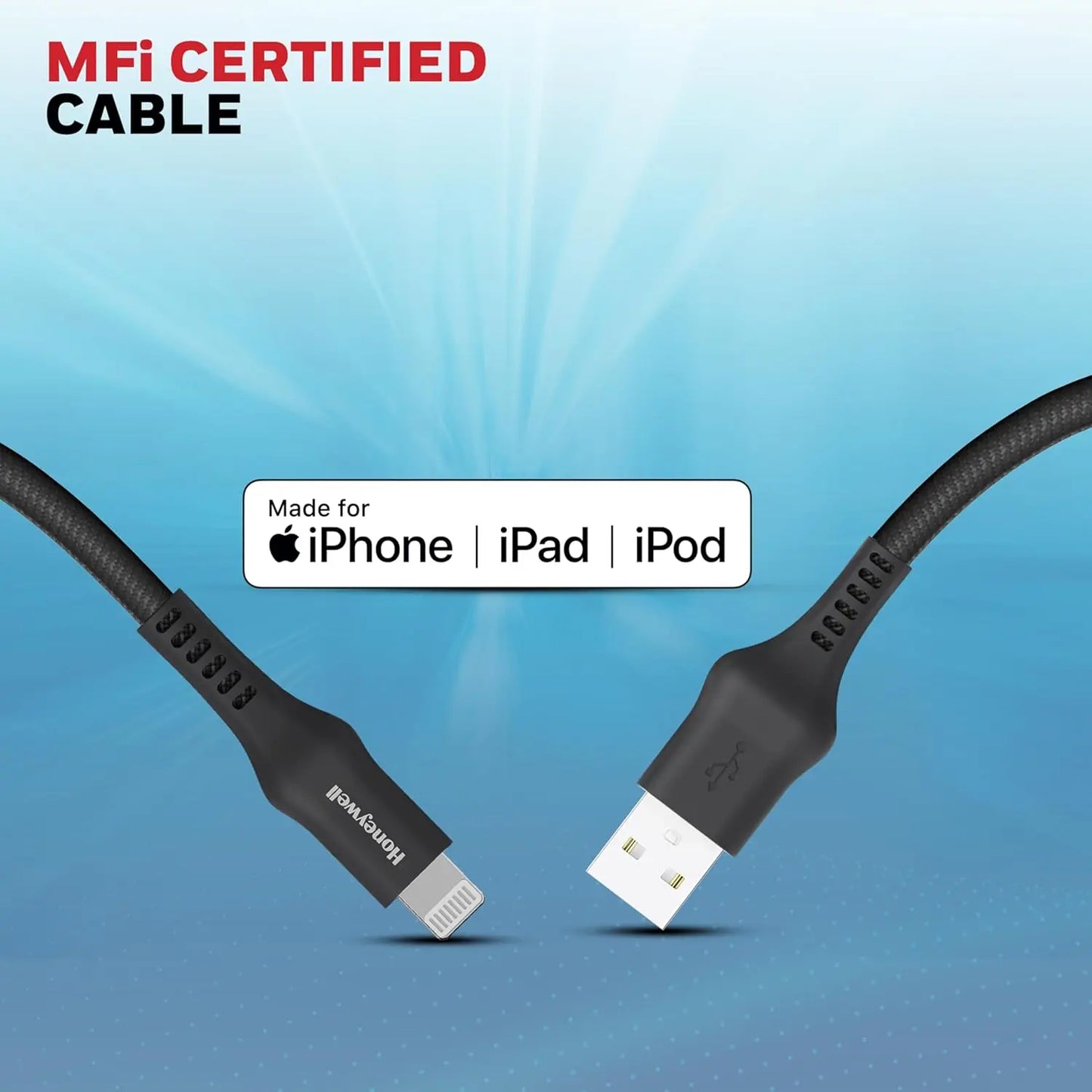 Honeywell USB A to Lightning, 4 Feet (1.2M), Nylon Braided Cable, MFI-certified, QC3.0, 2.4 A Max Output, Fast Charge & Sync Cable for iPhone, iPad, AirPods – White