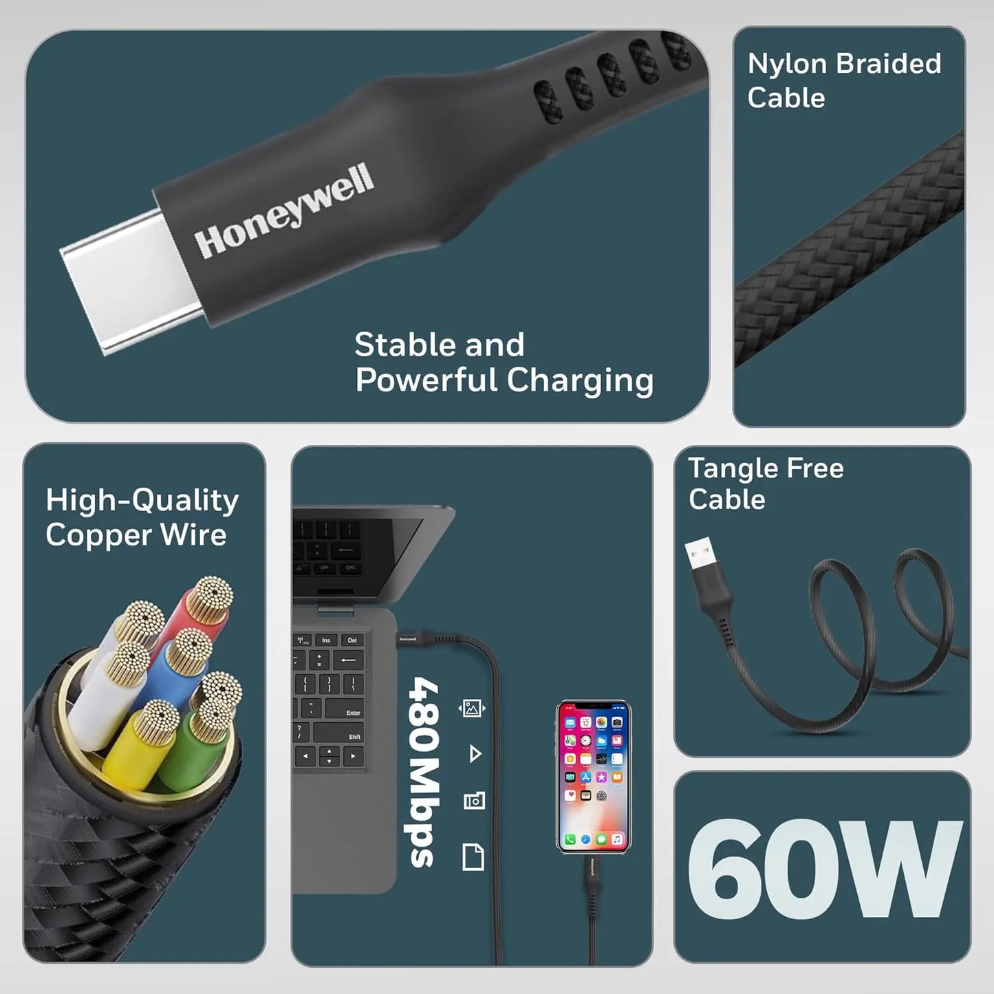 Honeywell USB A to Type C Cable, 4 Feet (1.2M), PD 60W, QC 3.0, Fast Charge & Sync Cable, Nylon Braided Cable for Apple Devices, Smartphones, Laptops, Power Banks, Tablets, Headphones, Speakers Black