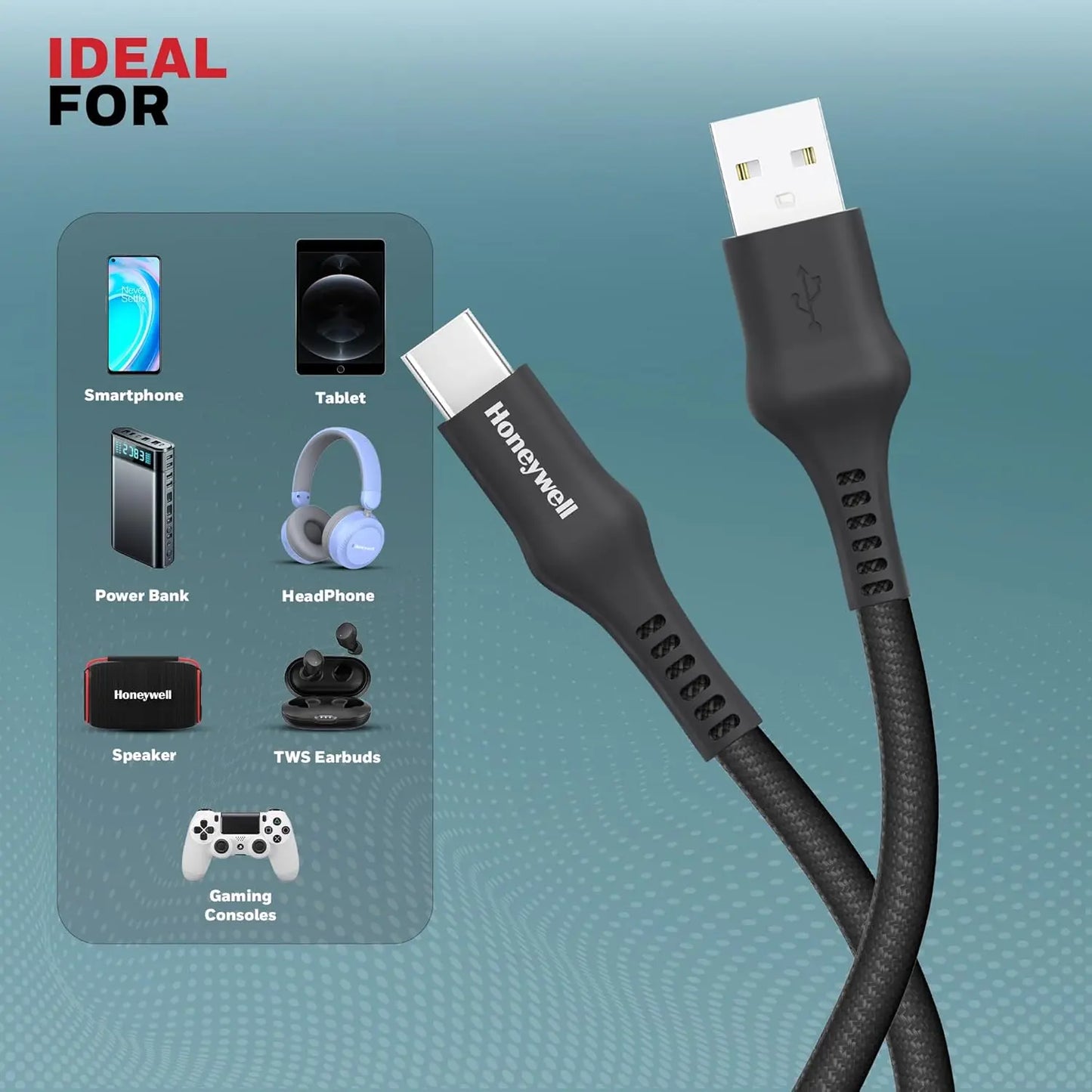 Honeywell USB A to Type C Cable, 4 Feet (1.2M), PD 60W, QC 3.0, Fast Charge & Sync Cable, Nylon Braided Cable for Apple Devices, Smartphones, Laptops, Power Banks, Tablets, Headphones, Speakers Black