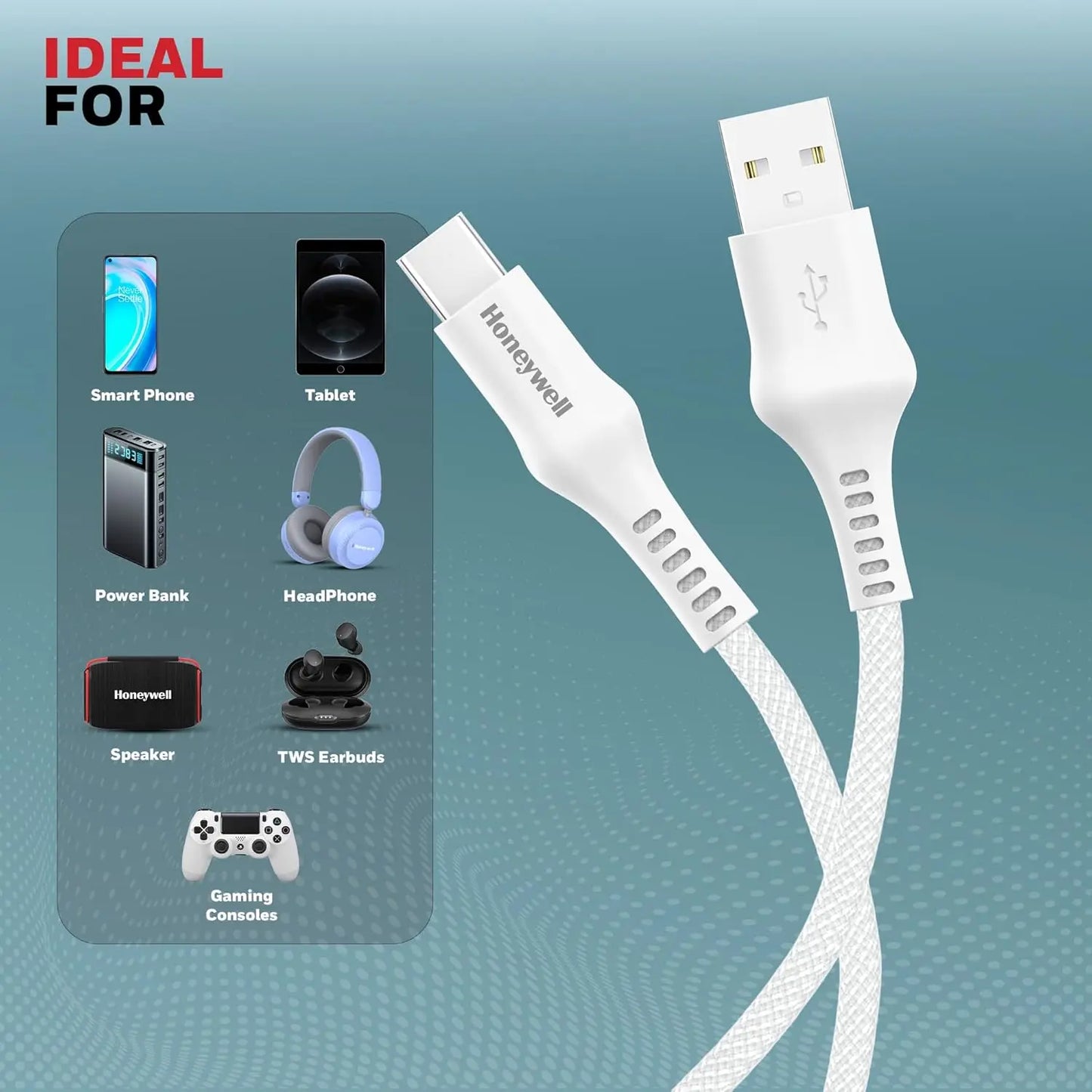 Honeywell USB A to Type C Cable, 4 Feet (1.2M), PD 60W, QC 3.0, Fast Charge & Sync Cable, Nylon Braided Cable for Apple Devices, Smartphones, Laptops, Power Banks, Tablets, Headphones, Speakers White