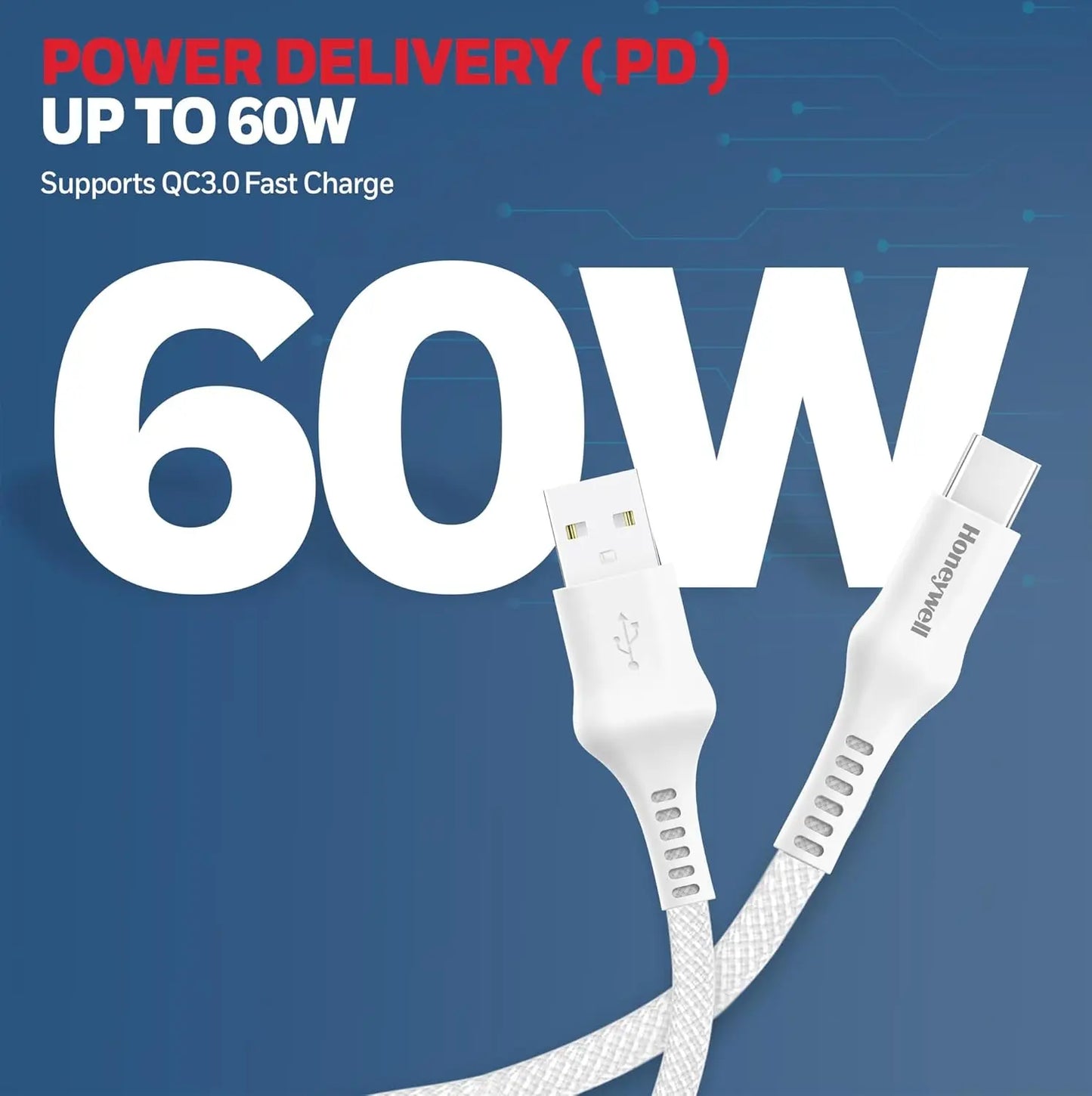 Honeywell USB A to Type C Cable, 4 Feet (1.2M), PD 60W, QC 3.0, Fast Charge & Sync Cable, Nylon Braided Cable for Apple Devices, Smartphones, Laptops, Power Banks, Tablets, Headphones, Speakers White