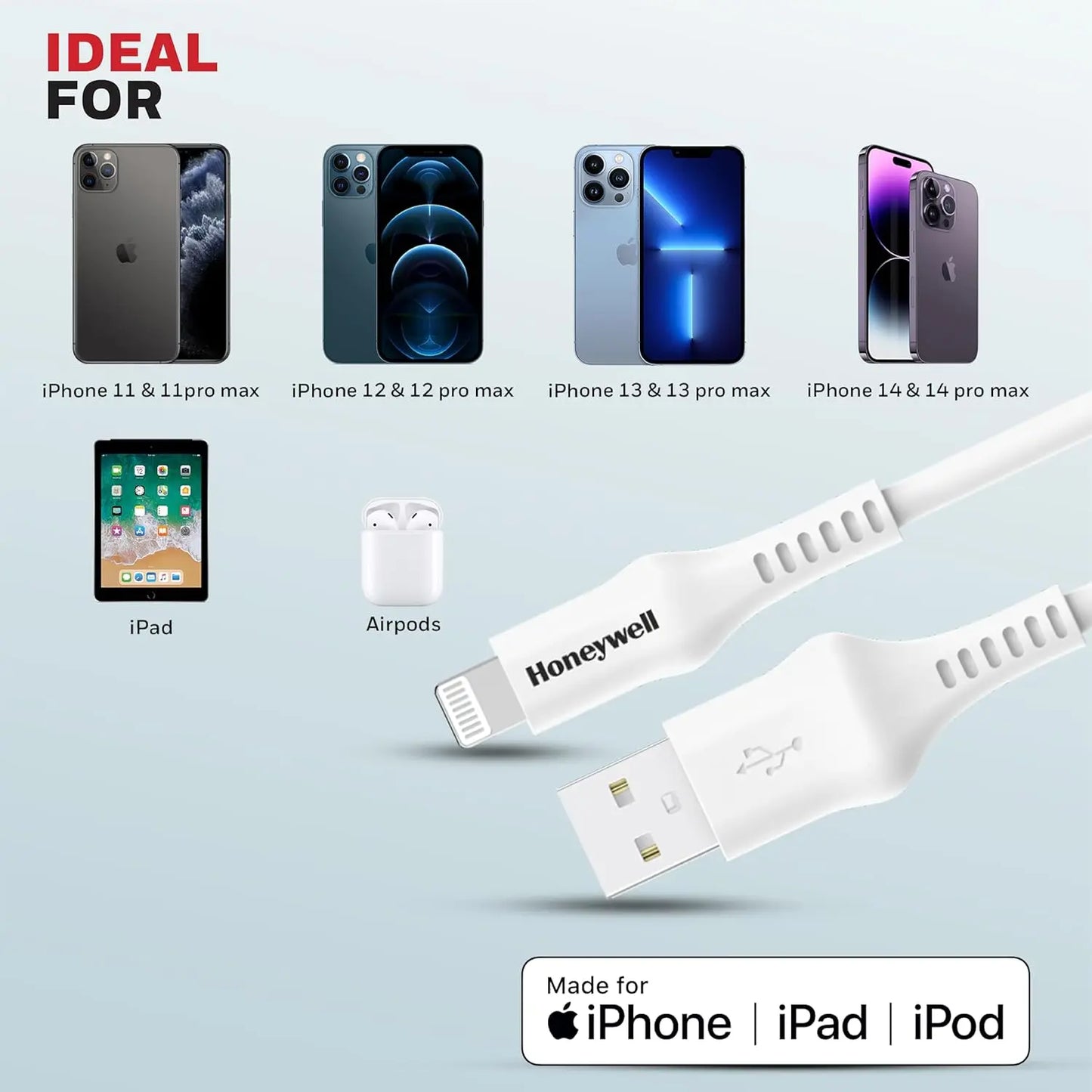 Honeywell USB to Lightning Silicone cable, 6 Feet (1.8M), MFI certified, QC 3.0, Max Output 2.4A,Fast Charge & Sync Cable for iPhone, iPad, AirPods- iPod – White