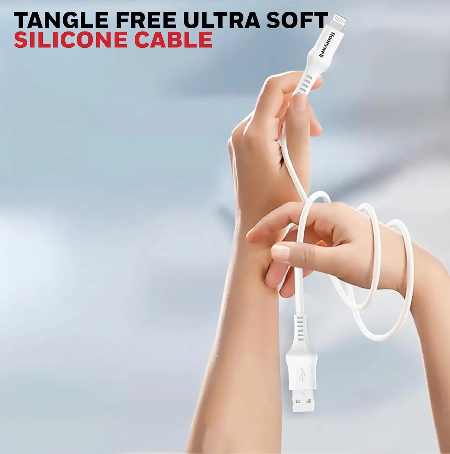 Honeywell USB to Lightning Silicone cable, 6 Feet (1.8M), MFI certified, QC 3.0, Max Output 2.4A,Fast Charge & Sync Cable for iPhone, iPad, AirPods- iPod – White