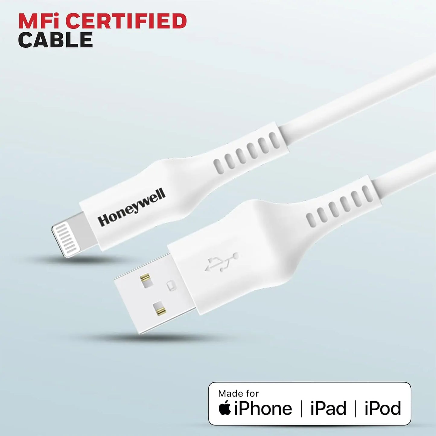 Honeywell USB to Lightning Silicone cable, 6 Feet (1.8M), MFI certified, QC 3.0, Max Output 2.4A,Fast Charge & Sync Cable for iPhone, iPad, AirPods- iPod – White