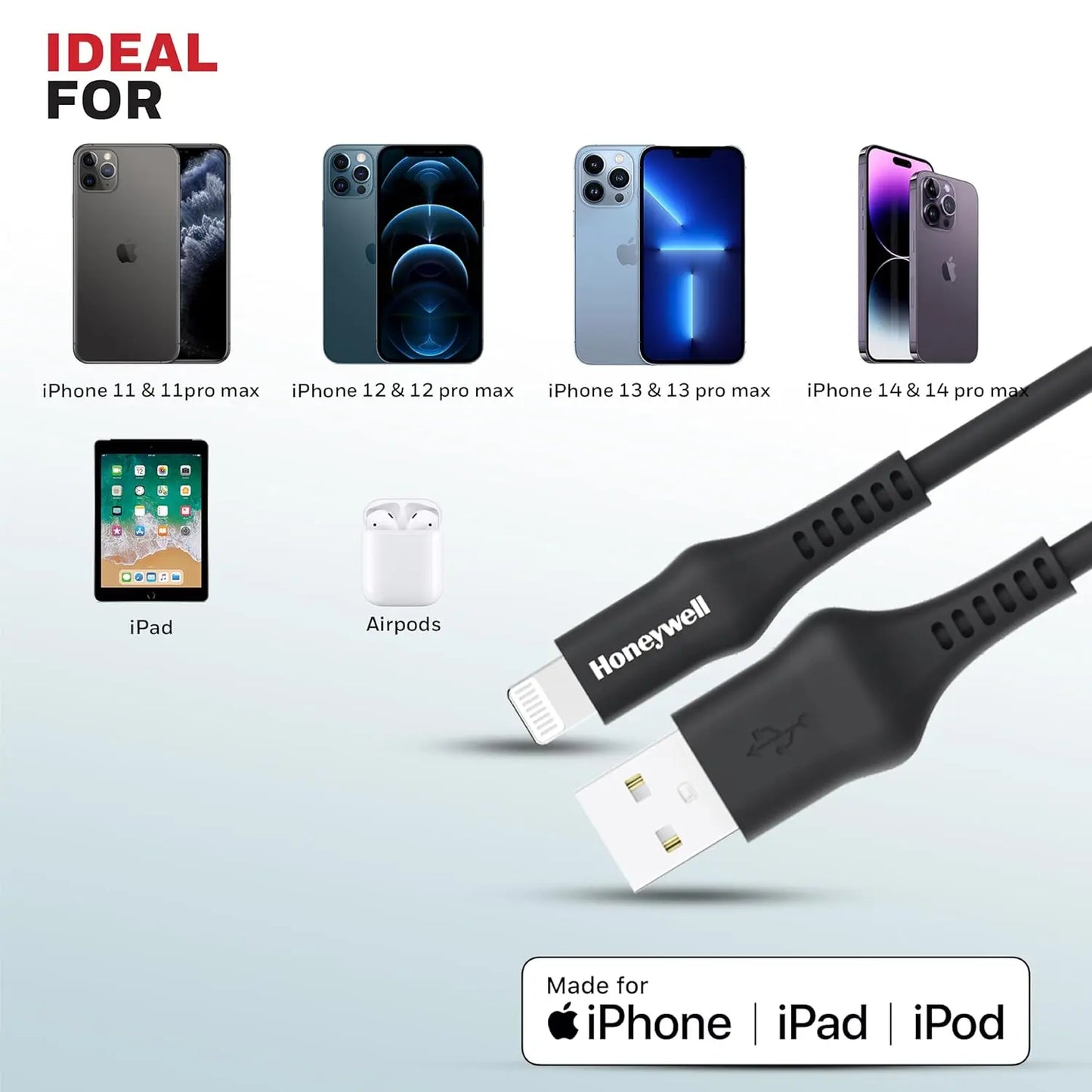 Honeywell USB to Lightning Silicone cable(MFI), 6 Feet (1.8M), Apple-certified, QC 3.0, 2.4A Max Output, Fast Charge & Sync Cable for iPhone,iPad, Airpods, iPod - Black