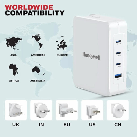 Honeywell Zest Charger GaN 100W,Ultra-Fast Wall Charger with PPS Support,3xType C PD 3.0 Ports & 1xUSB A Port,BIS Certified,Equipped with Switchable Plugs,Compatible with iPhone,Galaxy,Laptops