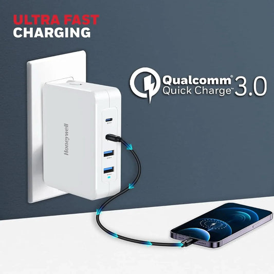 Honeywell Zest Charger GaN 140W,Ultra-Fast Wall Charger with PPS Support,2xType C PD 3.0 Ports & 2xUSB A Port,BIS Certified,Equipped with Switchable Plugs,Compatible with iPhone,Galaxy,Laptops