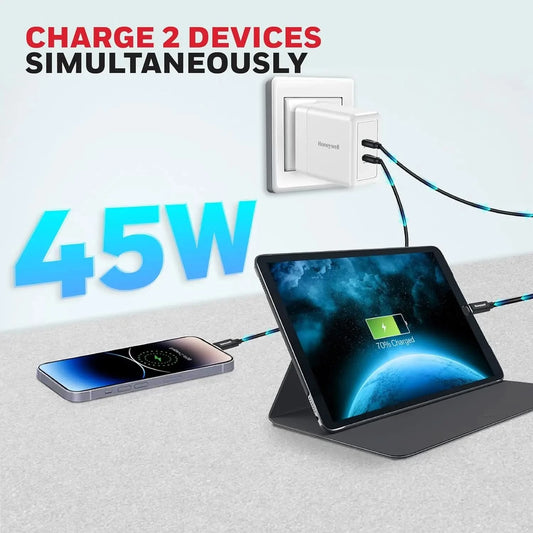 Honeywell Zest Charger GaN 45W, Ultra-Fast Wall Charger with PPS Support, 2xType C PD 3.0 Port, BIS Certified