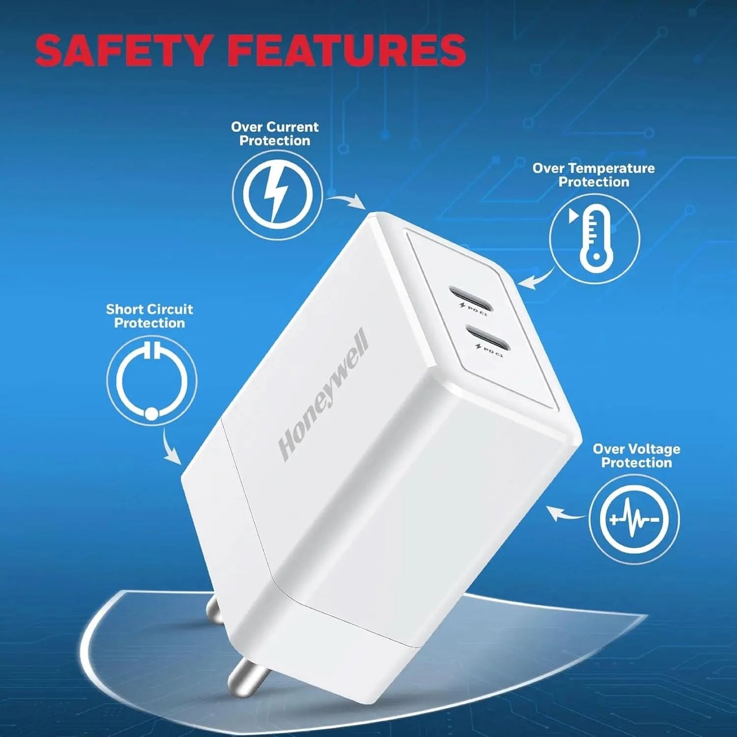 Honeywell Zest Charger GaN 45W, Ultra-Fast Wall Charger with PPS Support, 2xType C PD 3.0 Port, BIS Certified
