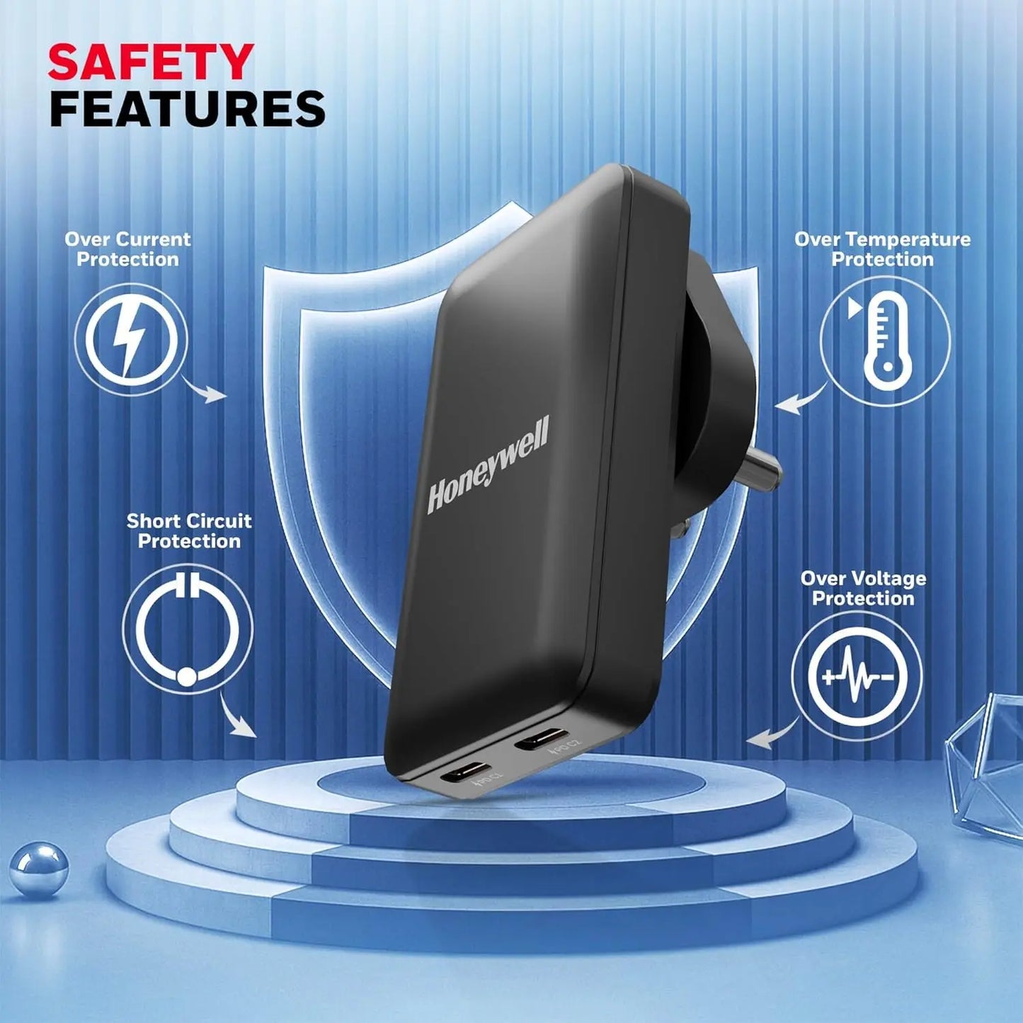 Honeywell Zest Ultra-Thin GaN 45W Dual Type-C PD 3.0 Wall Charger with PPS Support, Ultra-Fast Charging, Compatible with iPhone, iPad Pro, Pixel, Galaxy, OnePlus, Tablets & Smartwatches