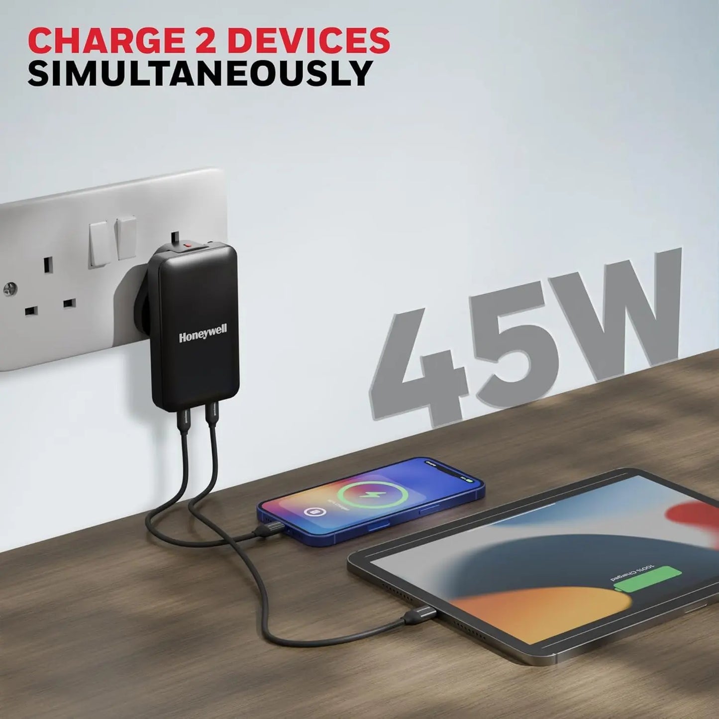 Honeywell Zest Ultra-Thin GaN 45W Dual Type-C PD 3.0 Wall Charger with PPS Support, Ultra-Fast Charging, Compatible with iPhone, iPad Pro, Pixel, Galaxy, OnePlus, Tablets & Smartwatches