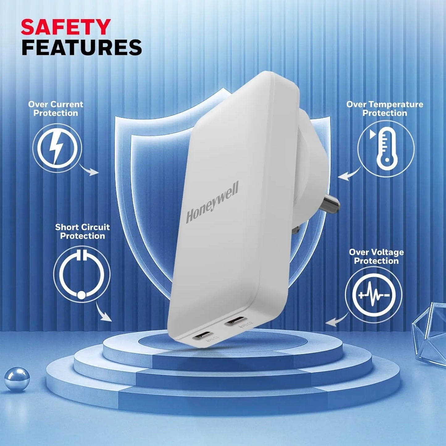 Honeywell Zest Ultra-Thin GaN 45W Dual Type-C PD 3.0 Wall Charger with PPS Support, Ultra-Fast Charging, Compatible with iPhone, iPad Pro, Pixel, Galaxy, OnePlus, Tablets & Smartwatches White