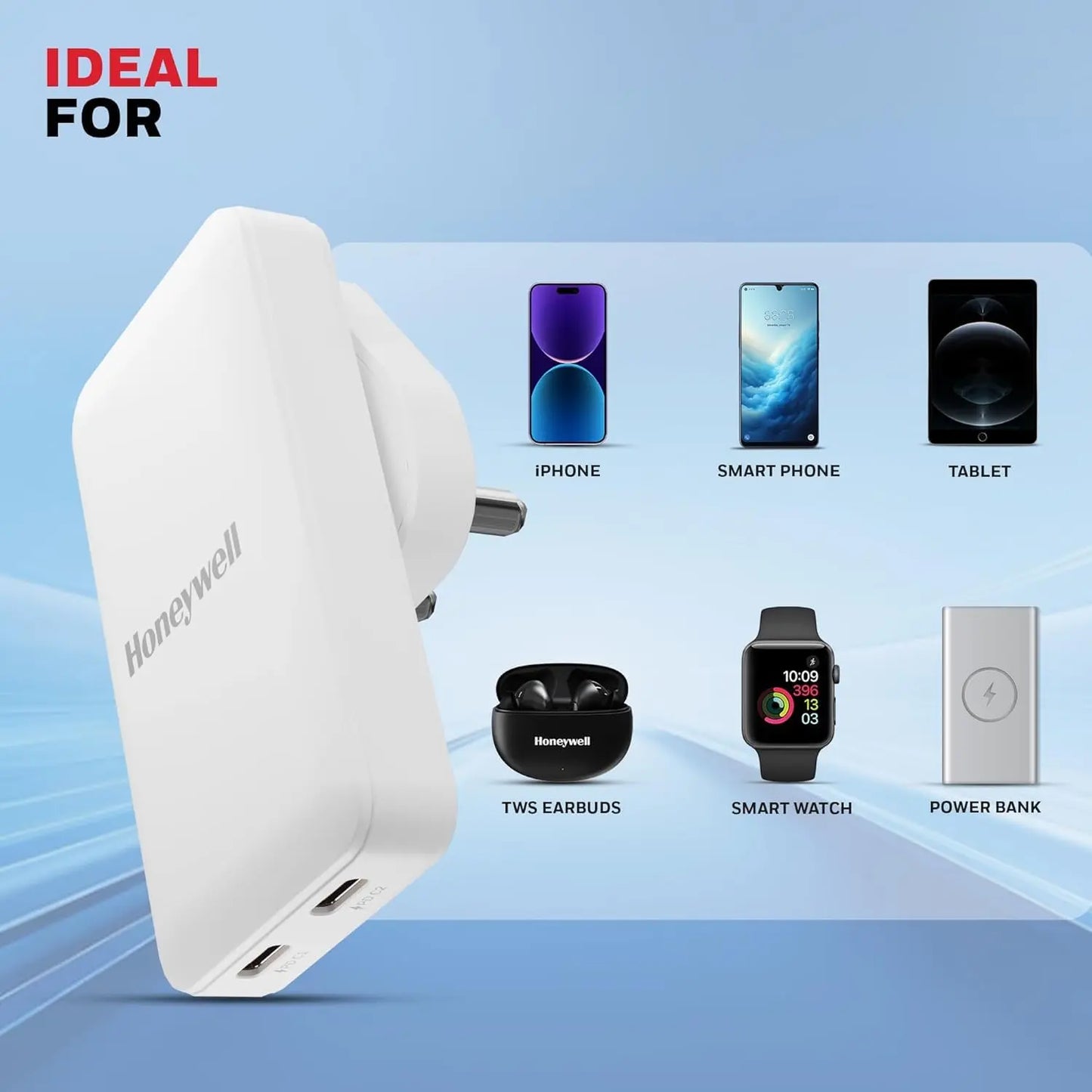 Honeywell Zest Ultra-Thin GaN 45W Dual Type-C PD 3.0 Wall Charger with PPS Support, Ultra-Fast Charging, Compatible with iPhone, iPad Pro, Pixel, Galaxy, OnePlus, Tablets & Smartwatches White