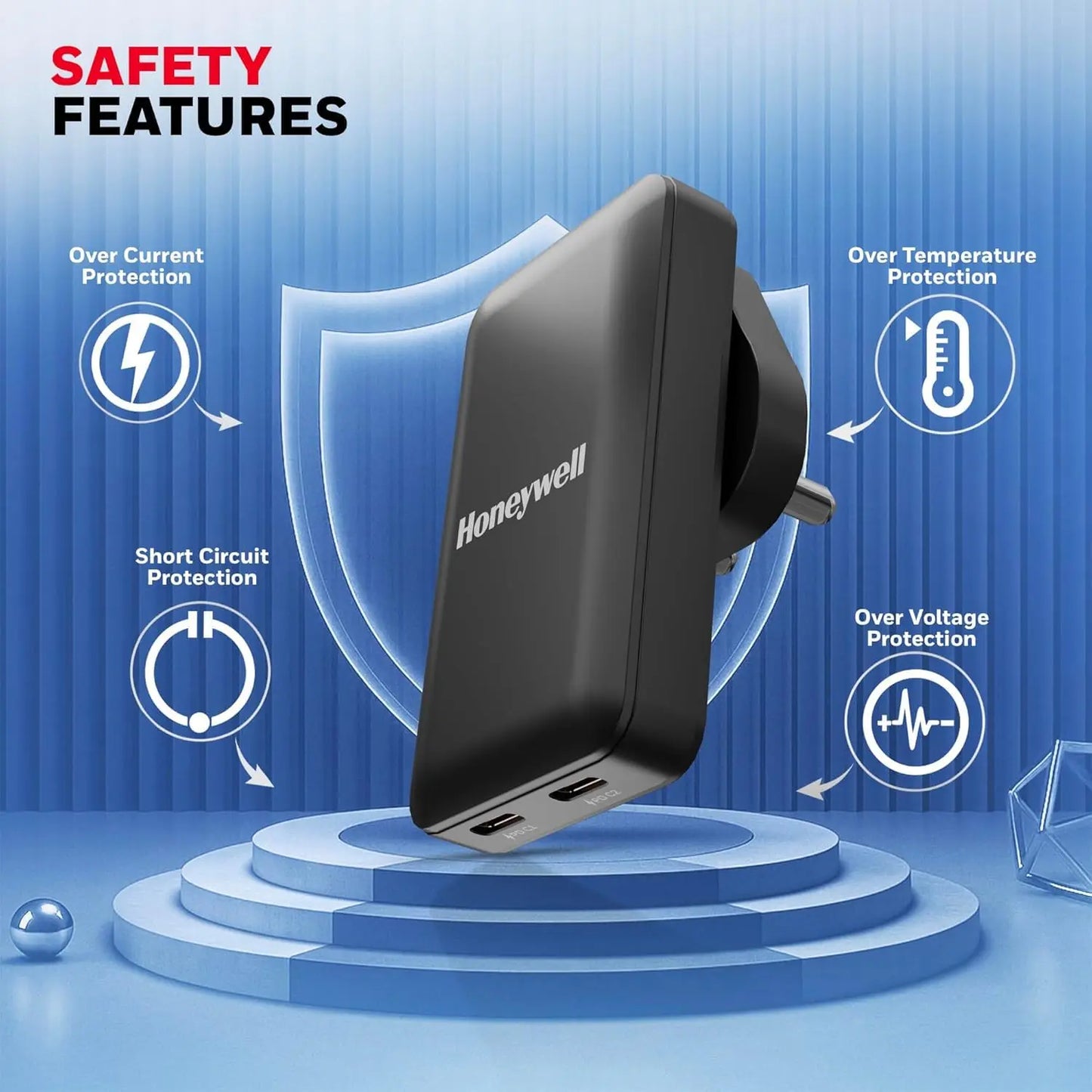 Honeywell Zest Ultra-Thin GaN 65W Dual Type-C PD 3.0 Wall Charger with PPS Support, Ultra-Fast Charging, Compatible with iPhone, iPad Pro, Pixel, Galaxy, OnePlus, Tablets & Smartwatches