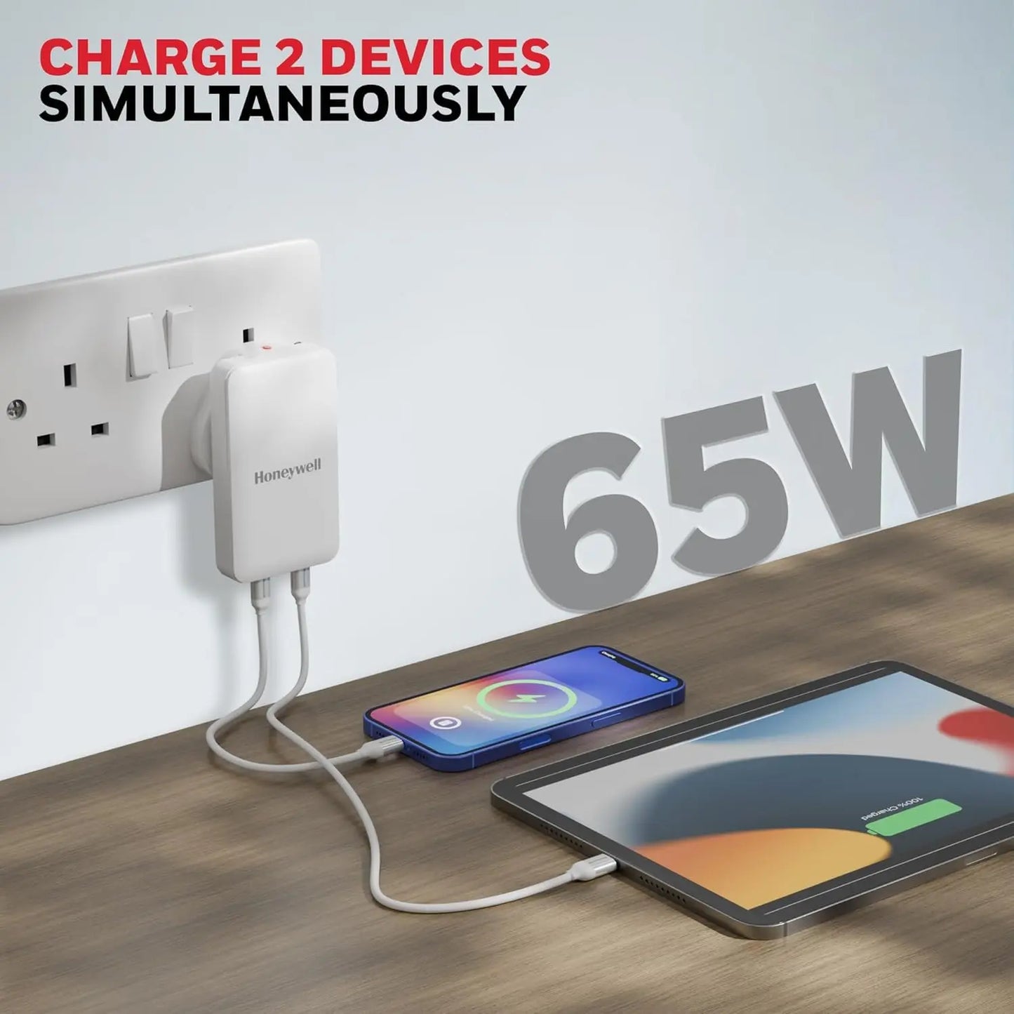 Honeywell Zest Ultra-Thin GaN 65W Dual Type-C PD 3.0 Wall Charger with PPS Support, Ultra-Fast Charging, Compatible with iPhone, iPad Pro, Pixel, Galaxy, OnePlus, Tablets & Smartwatches White