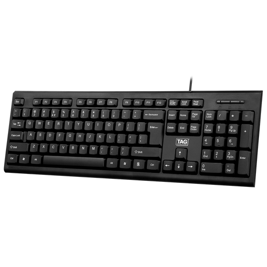 TAG KBM100 USB Keyboard and Mouse Combo, 104-Key Full Size Keyboard, 800 DPI 3-Button Mouse, Wired, Black