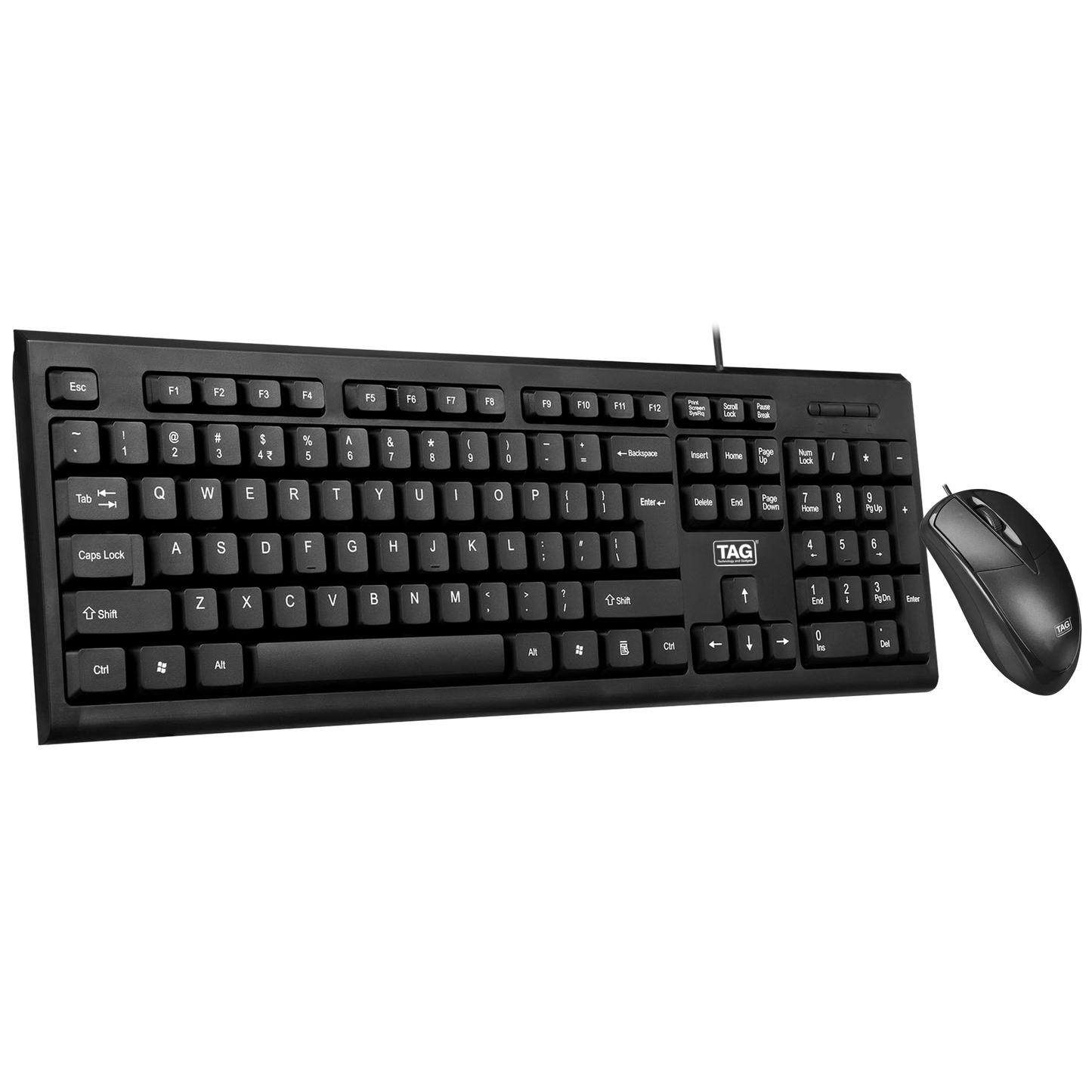 TAG KBM100 USB Keyboard and Mouse Combo, 104-Key Full Size Keyboard, 800 DPI 3-Button Mouse, Wired, Black