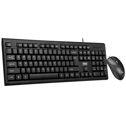 TAG KBM100 USB Keyboard and Mouse Combo, 104-Key Full Size Keyboard, 800 DPI 3-Button Mouse, Wired, Black