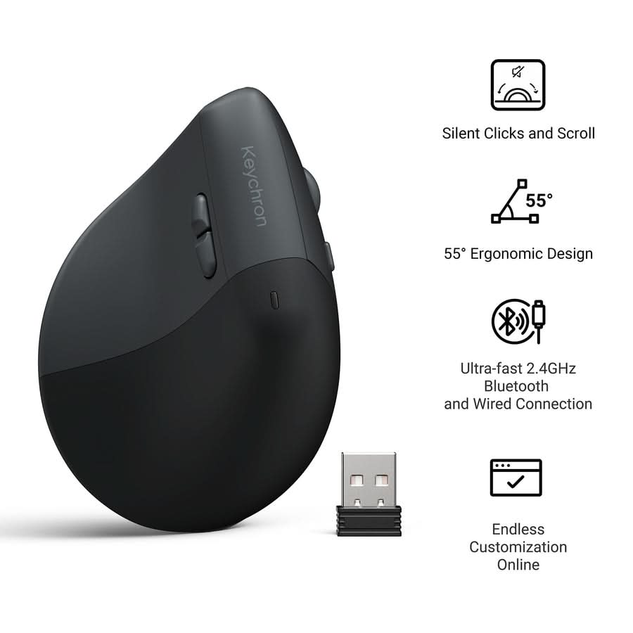 Keychron BM27 Wireless Ergonomic Mouse, PAW3212 Sensor, 2400 DPI, 1000Hz Polling Rate, Bluetooth 5.2, 2.4GHz, USB Type-C, Space Gray