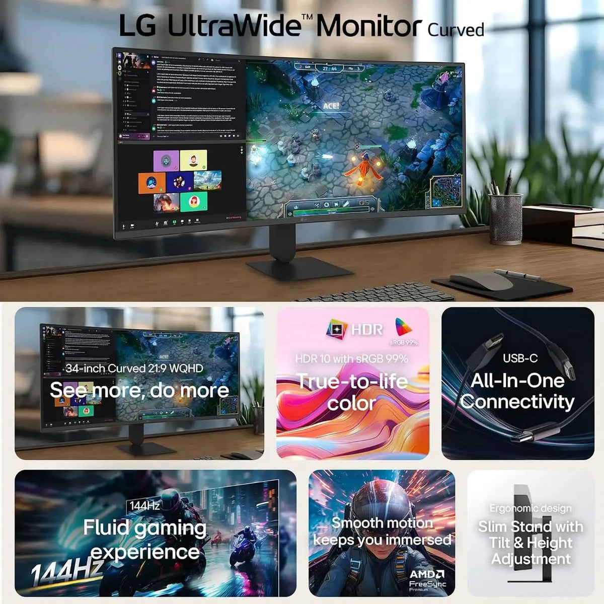 LG 34U640B 34 Inch UltraWide WQHD 144Hz sRGB 99% Curved Monitor
