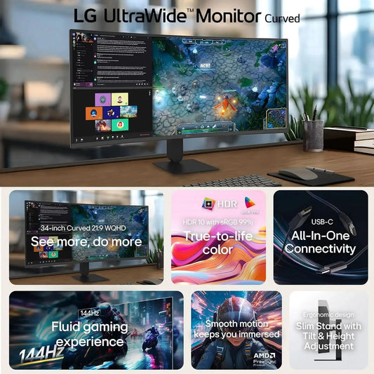 LG 34U640B 34 Inch UltraWide WQHD 144Hz sRGB 99% Curved Monitor