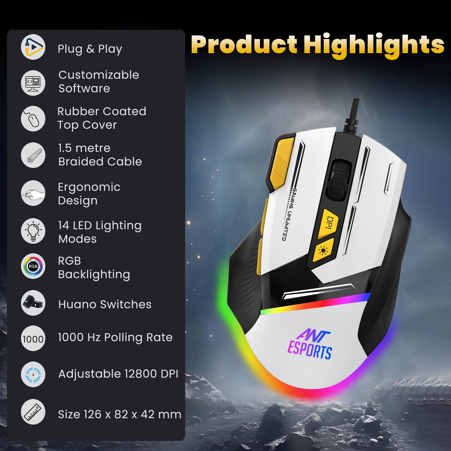 ANT ESPORTS GM333 RGB WIRED HIGH END OPTICAL ERGONOMIC GAMING MOUSE BLACK/GREY/YELLOW