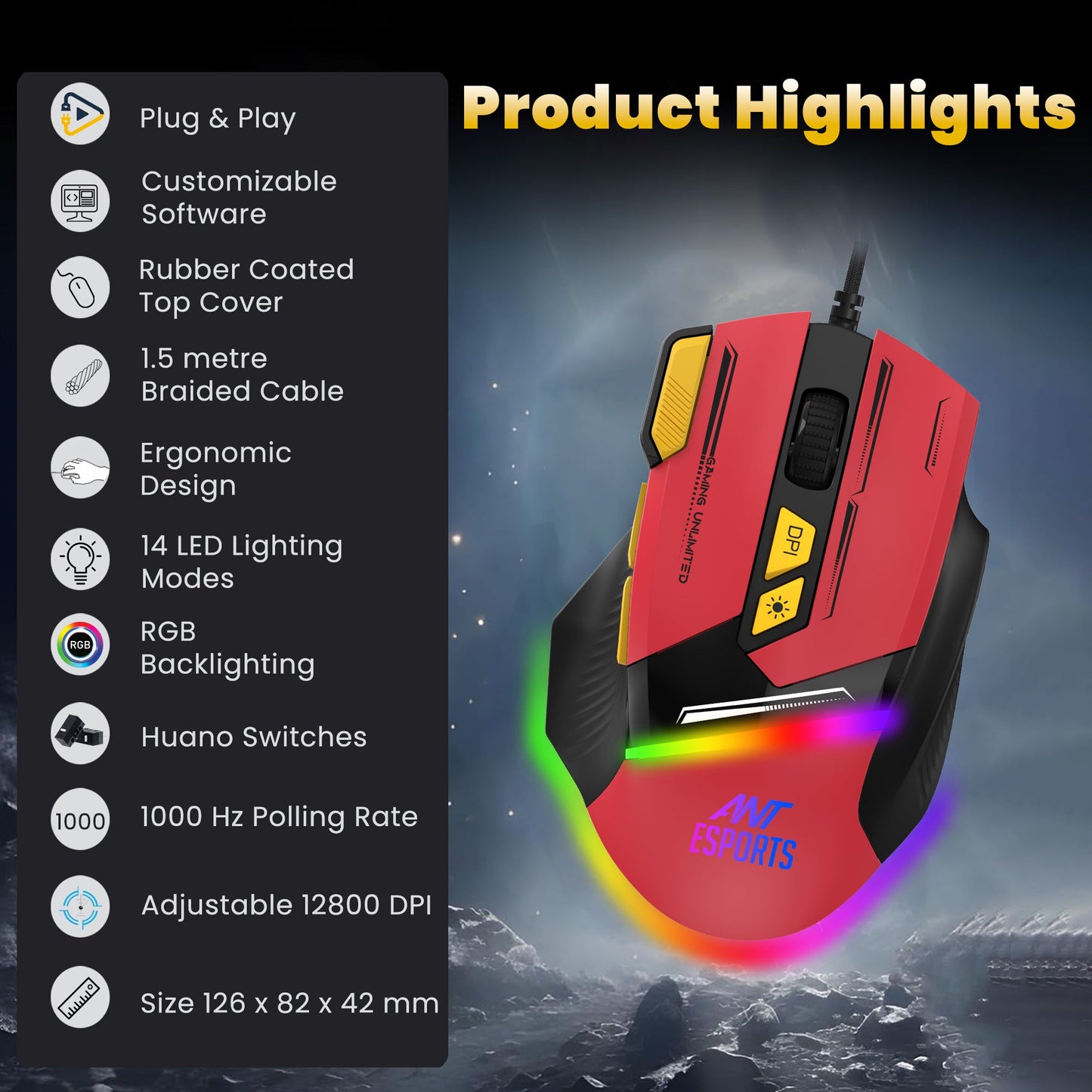 ANT ESPORTS GM333 RGB WIRED HIGH END OPTICAL ERGONOMIC GAMING MOUSE BLUE/WHITE/YELLOW
