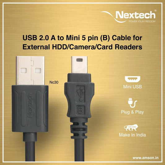 NEXTECH USB (M) TO 5 PIN MINI USB CABLE HIGH-QUALITY OXYGEN-FREE COPPER CONDUCTORS COMPATIBLE IDEAL FOR DIGITAL CAMERAS, MP3 PLAYERS, AND EXTERNAL DRIVES 3M (GREY)