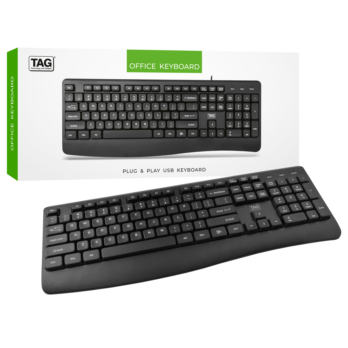 TAG USB Office Keyboard, Full Size, 434mm, ABS Construction, 10 Million Key Life, Black