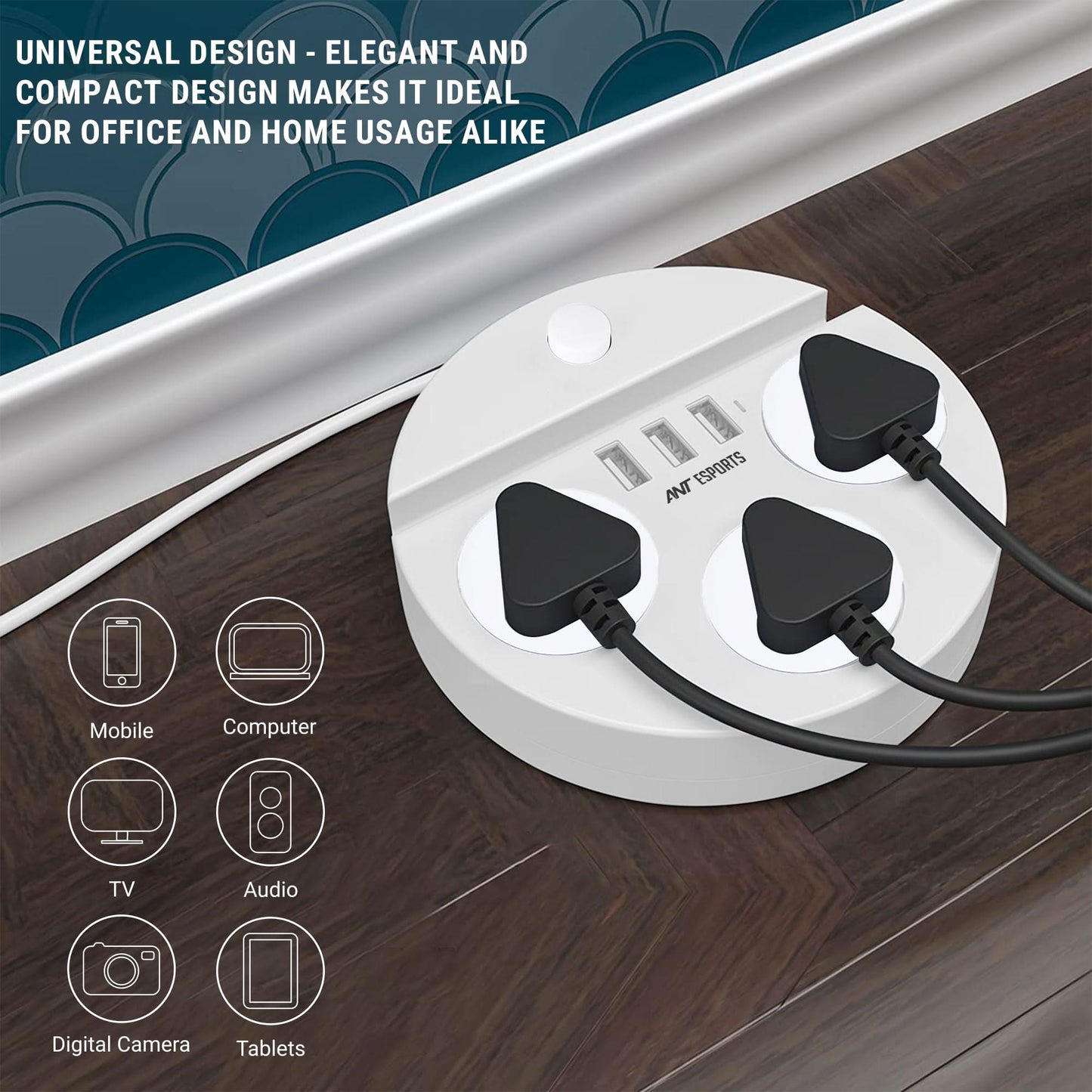 ANT ESPORTS PS330 UNIVERSAL POWER STRIP WITH USB WITH 3 UNIVERSAL SOCKETS, 3 METER CABLE - WHITE