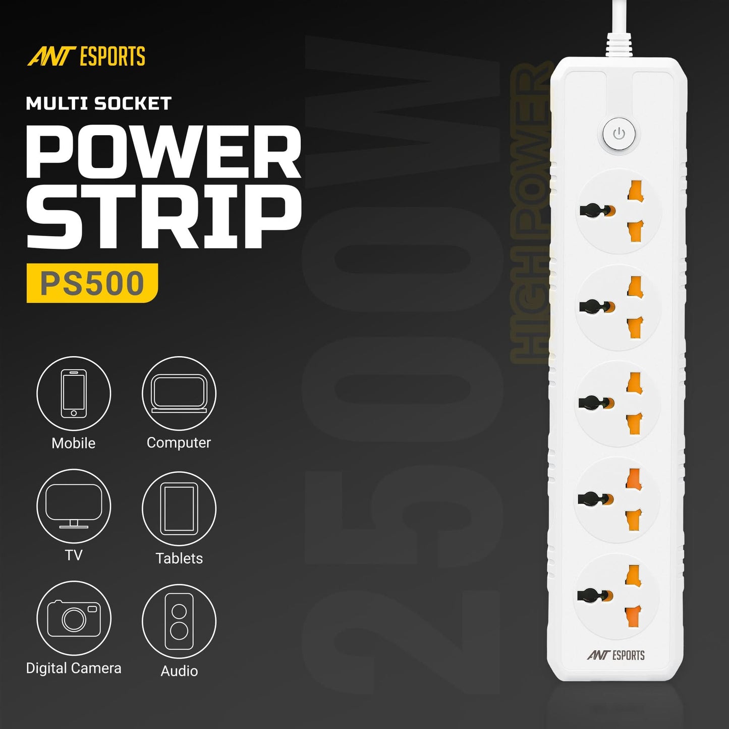 ANT ESPORTS PS500 UNIVERSAL POWER STRIP, WITH 5 UNIVERSAL SOCKETS, 3 METER CABLE - WHITE