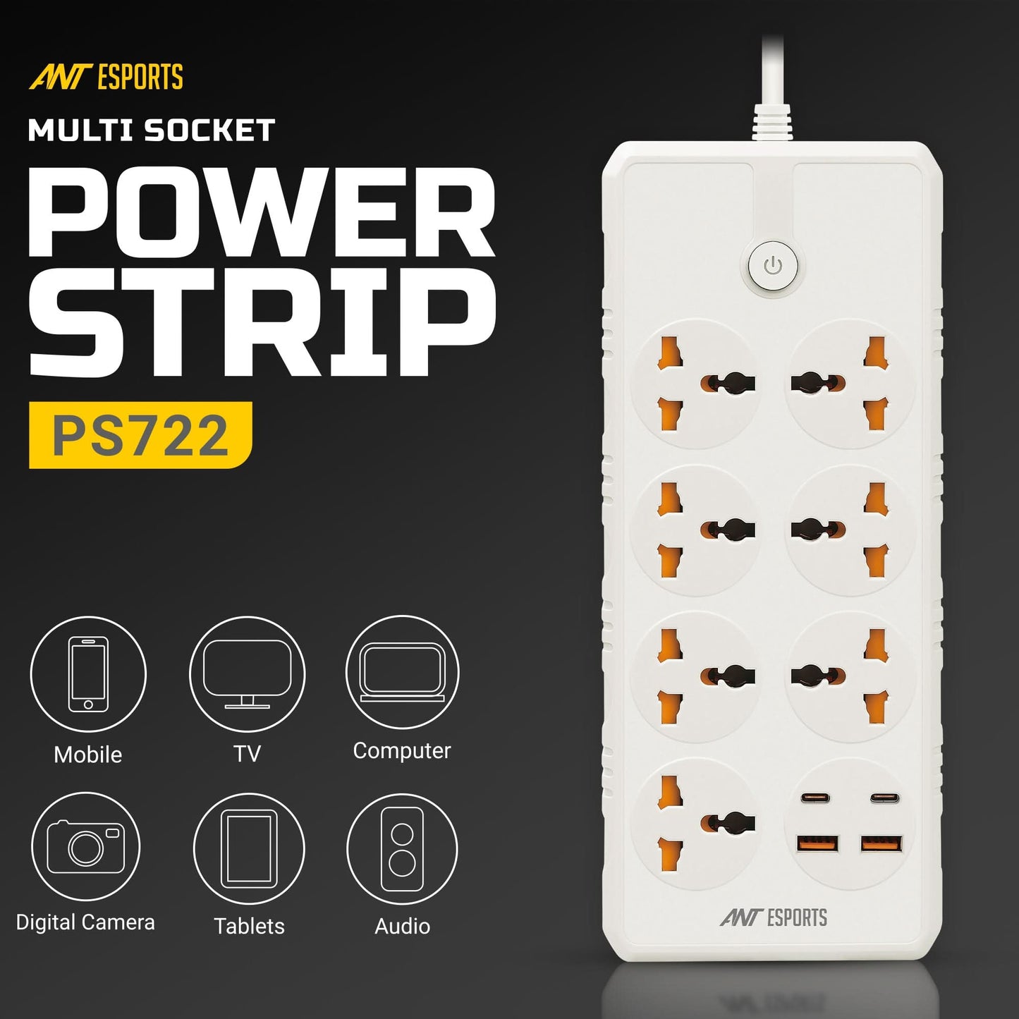 ANT ESPORTS PS722 UNIVERSAL POWER STRIP WITH USB & TYPE C WITH 7 UNIVERSAL SOCKETS, 3 METERS CABLE - WHITE