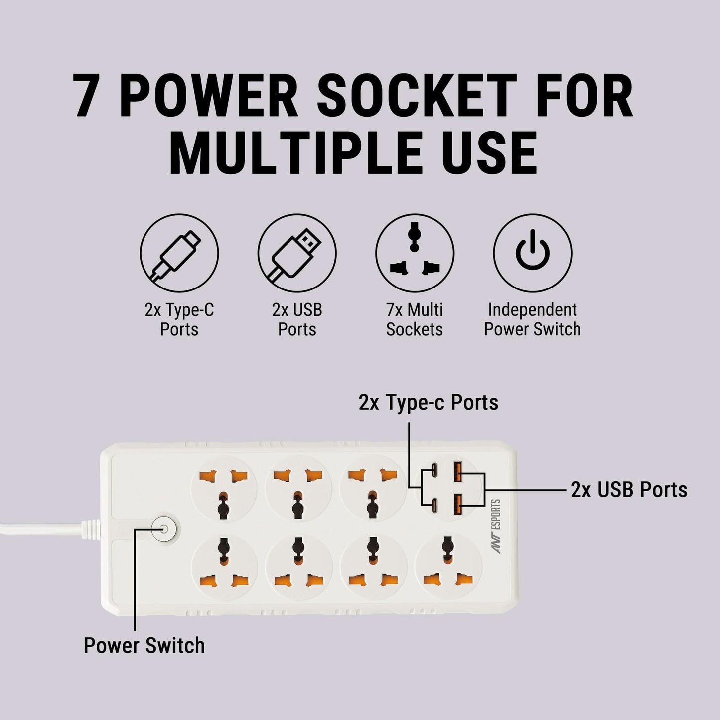 ANT ESPORTS PS722 UNIVERSAL POWER STRIP WITH USB & TYPE C WITH 7 UNIVERSAL SOCKETS, 3 METERS CABLE - WHITE