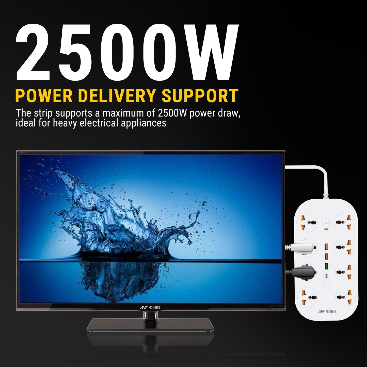 ANT ESPORTS PS831 UNIVERSAL POWER STRIP WITH USB & TYPE C WITH 8 UNIVERSAL SOCKETS, 3 METERS CABLE - WHITE